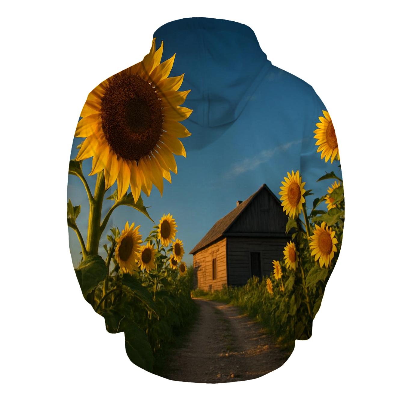 Sunflowers Guarding A Rustic Farmhouse heavyweight hoodies
