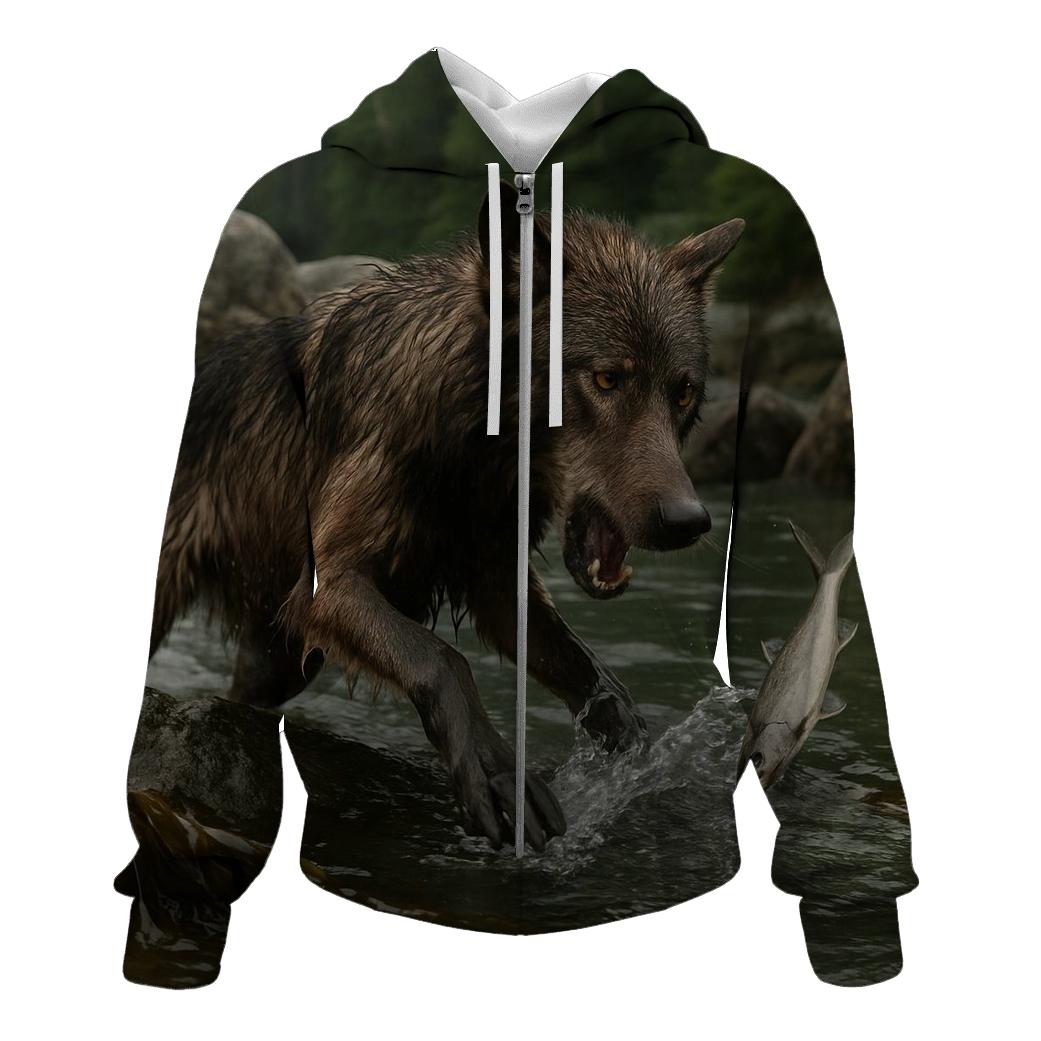 Coastal Wolf Fishing In Kelp Line printed hoodies