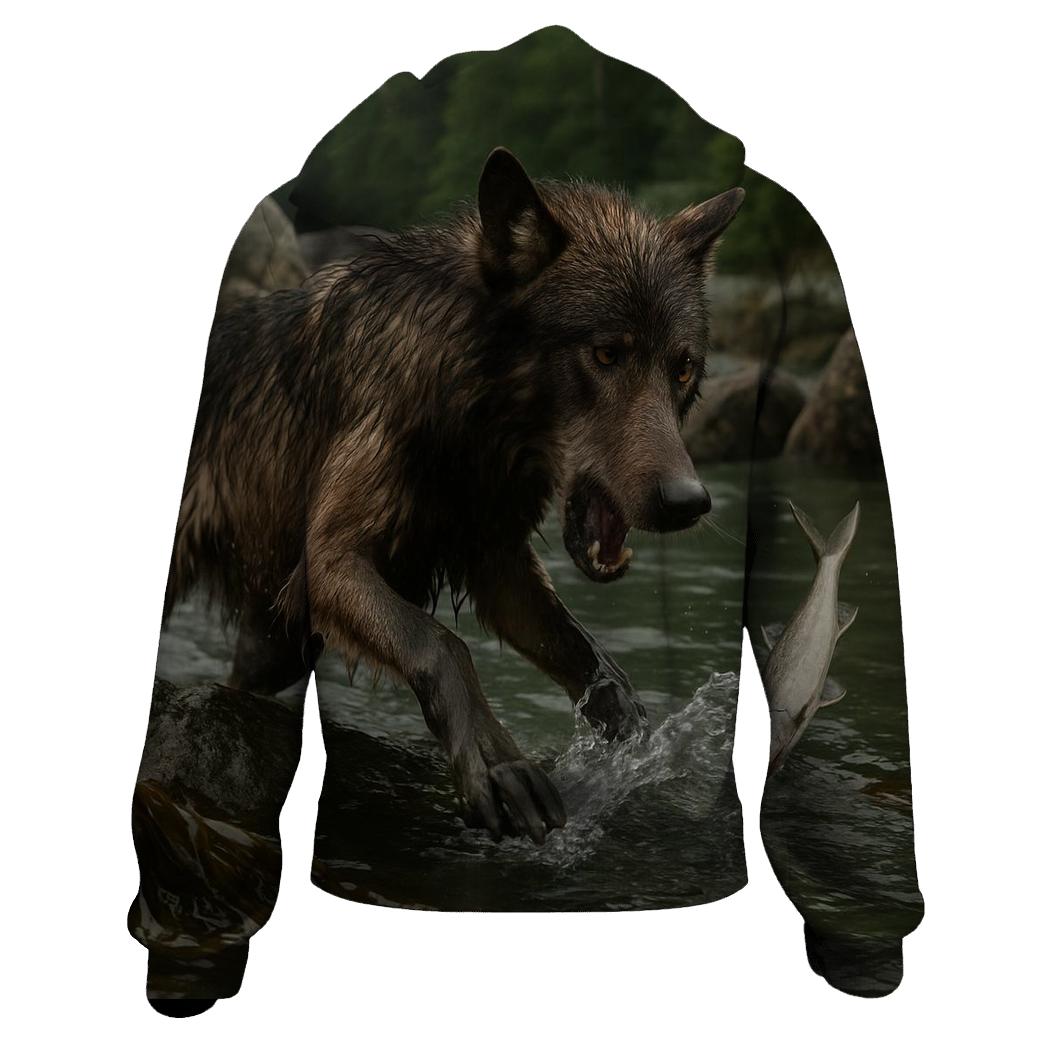 Coastal Wolf Fishing In Kelp Line printed hoodies