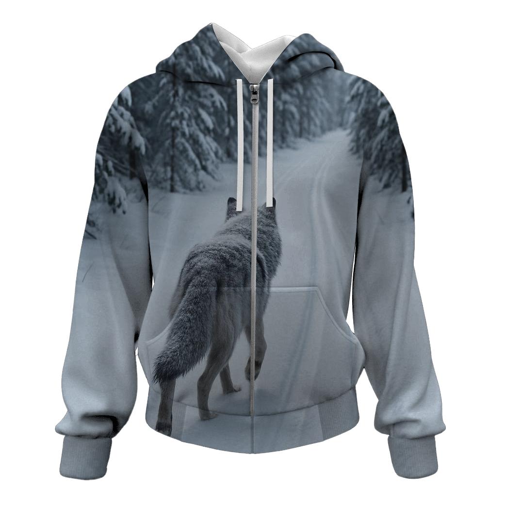 Snow Covered Wolf Trotting Along Old Ski Track hoodie styles