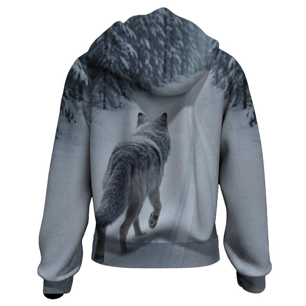 Snow Covered Wolf Trotting Along Old Ski Track hoodie styles