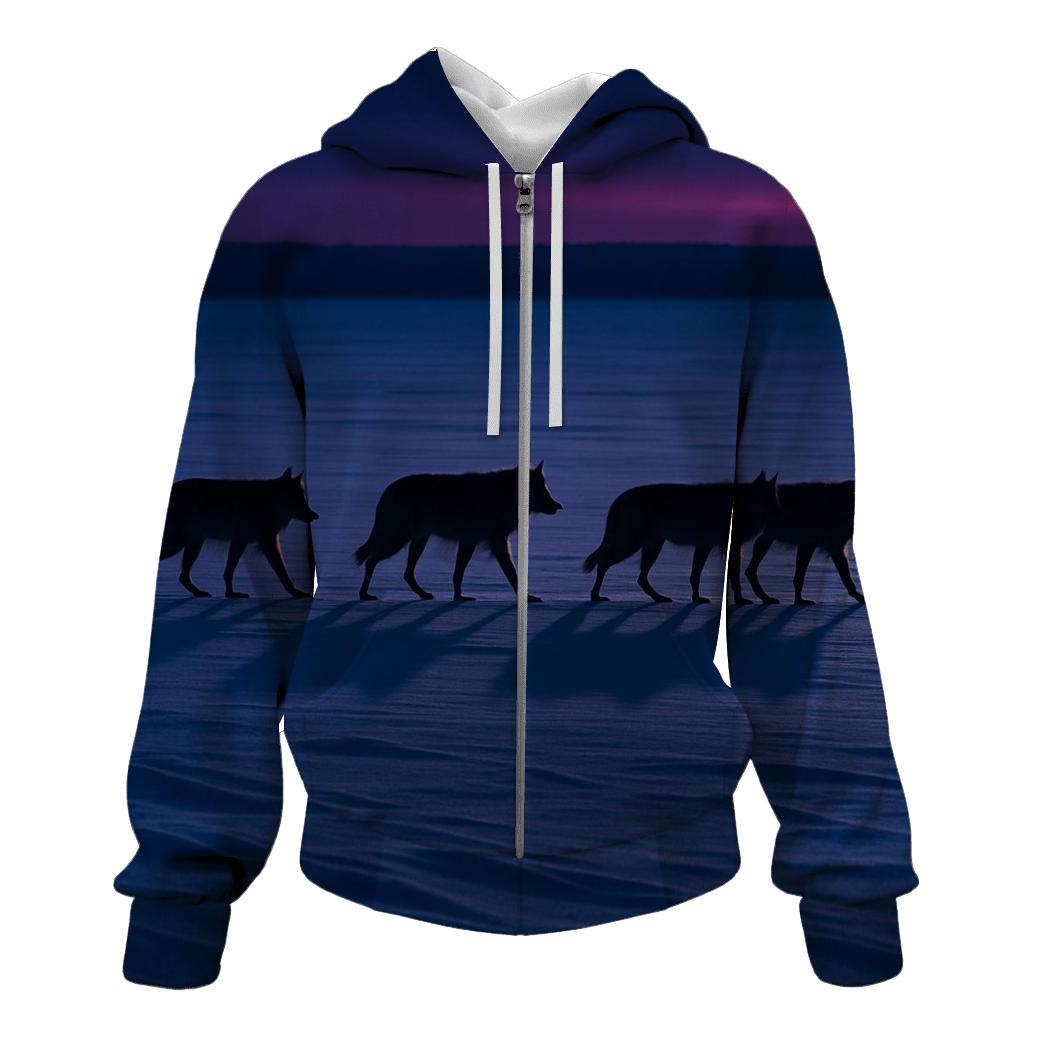 Wolf Pack Crossing Frozen Lake At Blue Hour designer hoodies