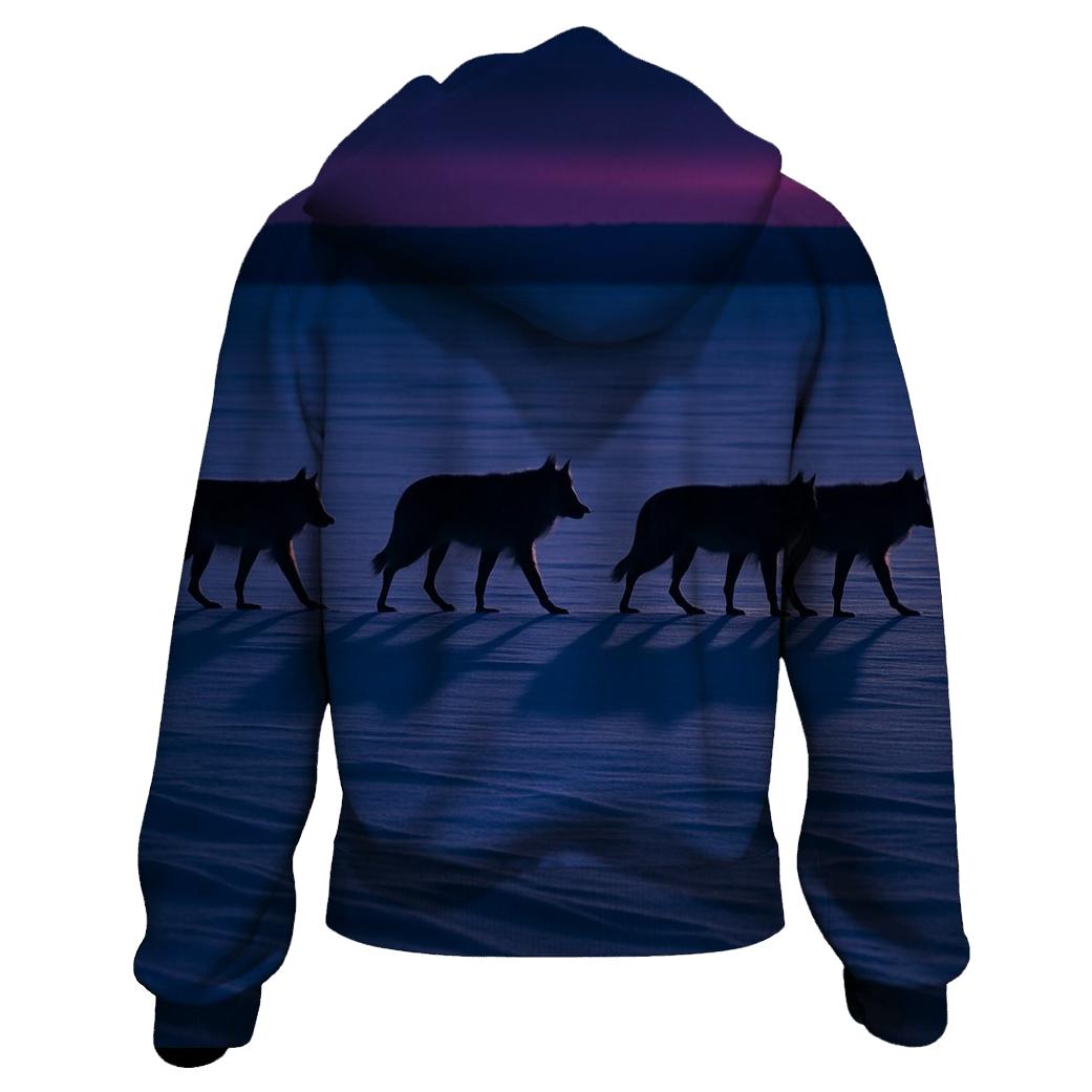 Wolf Pack Crossing Frozen Lake At Blue Hour designer hoodies