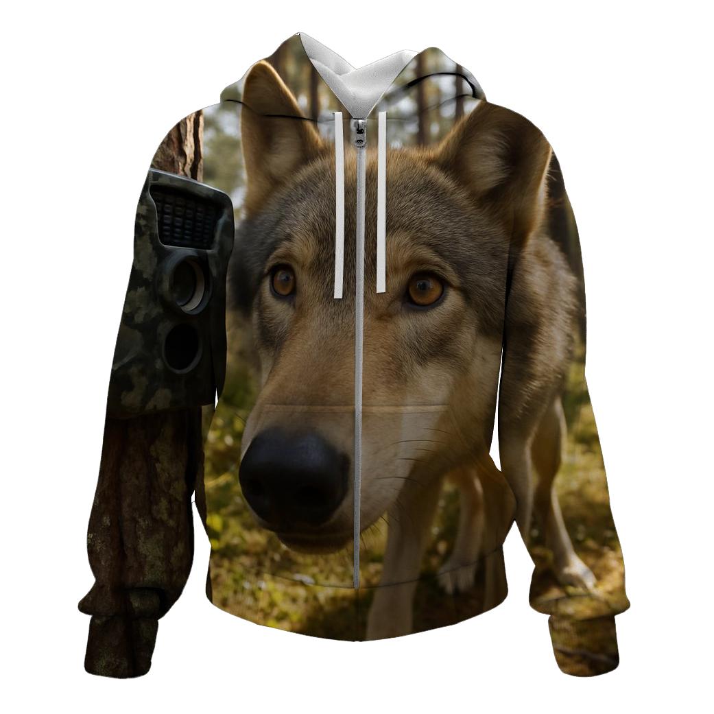 Wolf Inspecting Camera Trap In Pine Forest lightweight hoodies