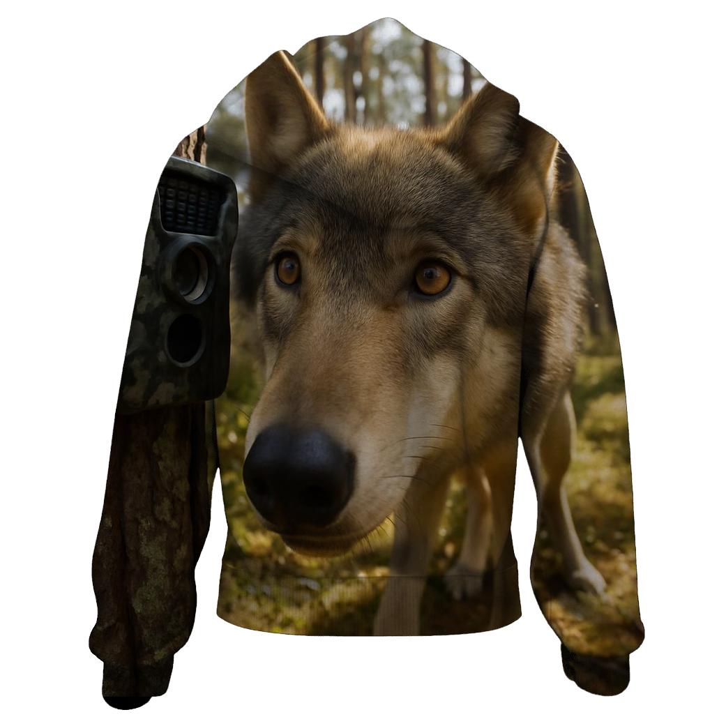Wolf Inspecting Camera Trap In Pine Forest lightweight hoodies