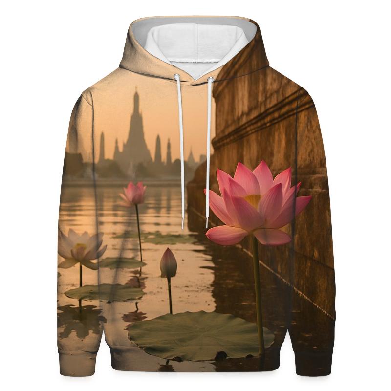 Lotus Reflections In Urban Temple Pond embroidered hoodies