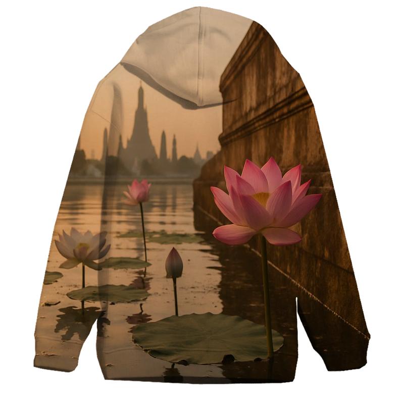 Lotus Reflections In Urban Temple Pond embroidered hoodies