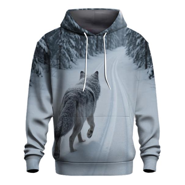 Snow Covered Wolf Trotting Along Old Ski Track hoodie styles