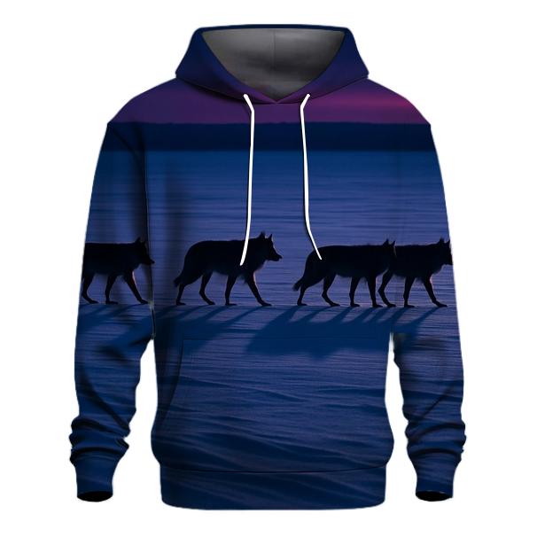 Wolf Pack Crossing Frozen Lake At Blue Hour premium hoodies