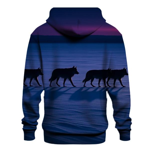 Wolf Pack Crossing Frozen Lake At Blue Hour premium hoodies
