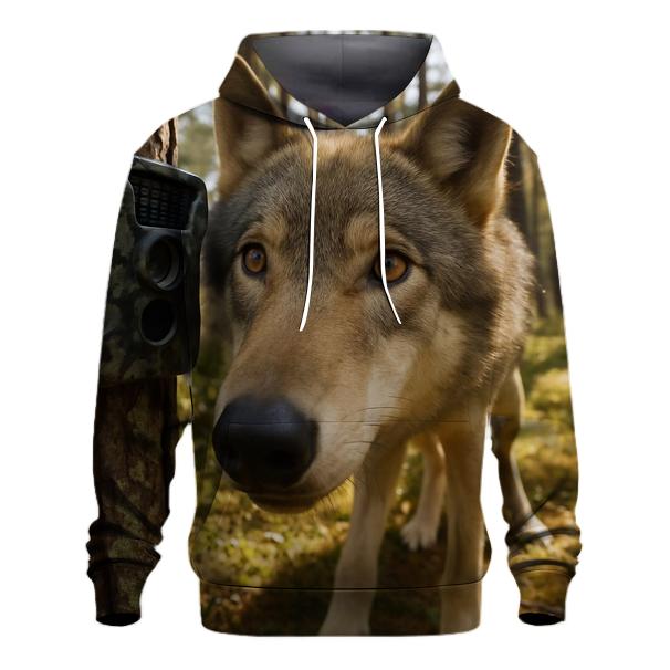 Wolf Inspecting Camera Trap In Pine Forest heavyweight hoodies