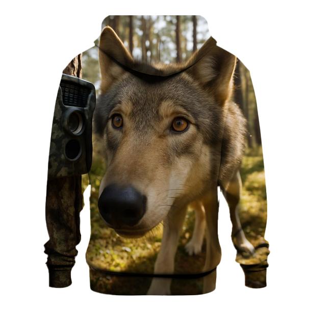 Wolf Inspecting Camera Trap In Pine Forest heavyweight hoodies