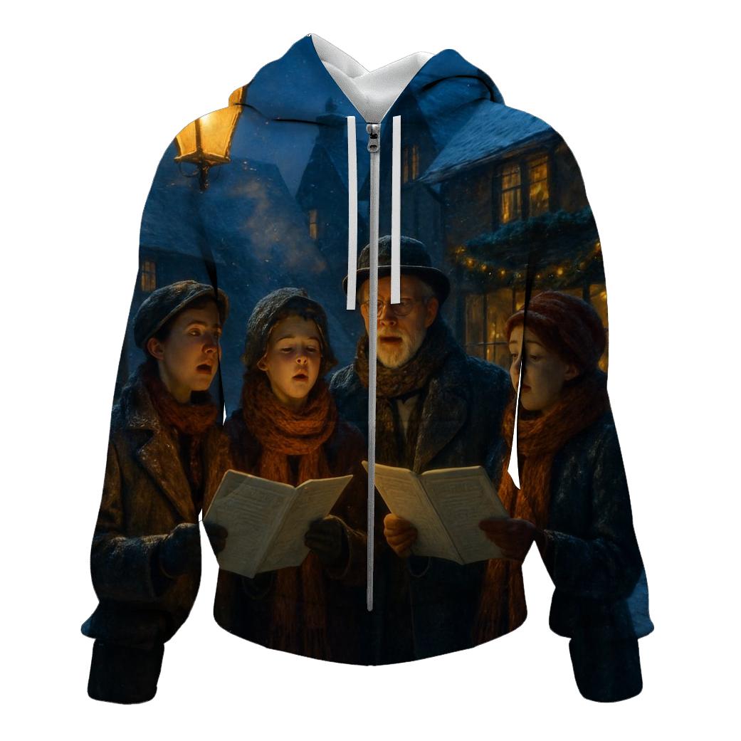 Snowy Village Carolers At Dusk embroidered hoodies