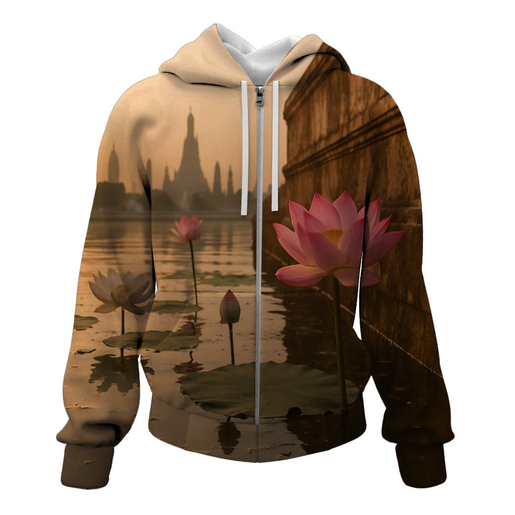 Lotus Reflections In Urban Temple Pond pullover hoodies