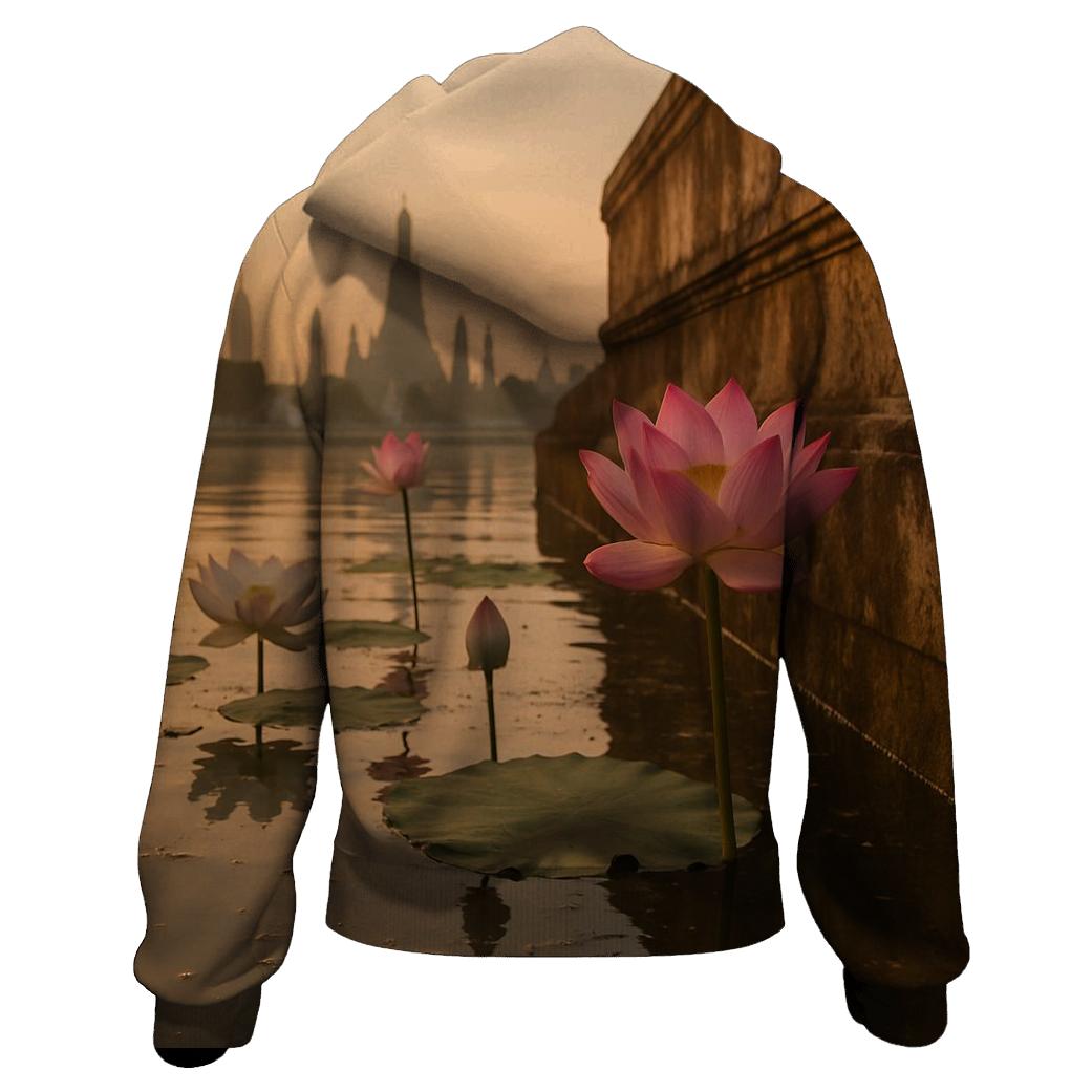 Lotus Reflections In Urban Temple Pond pullover hoodies