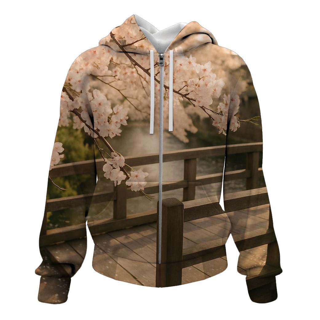 Cherry Blossoms Framing Old Wooden Bridge hoodies fashion