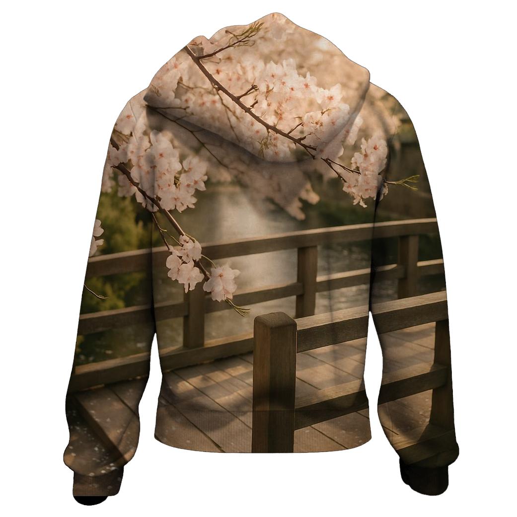 Cherry Blossoms Framing Old Wooden Bridge hoodies fashion
