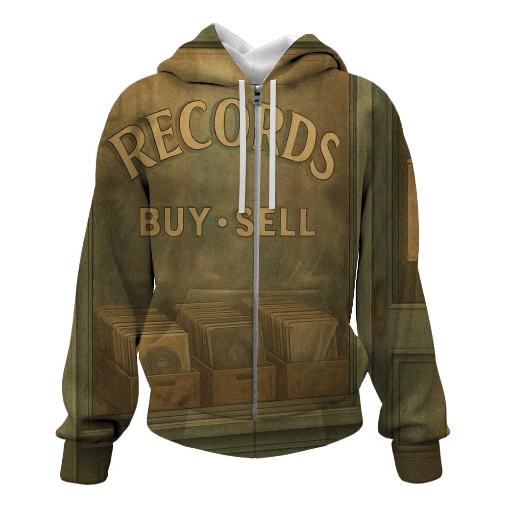 Old Vinyl Record Store Window Scene embroidered hoodies