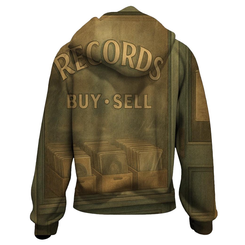 Old Vinyl Record Store Window Scene embroidered hoodies