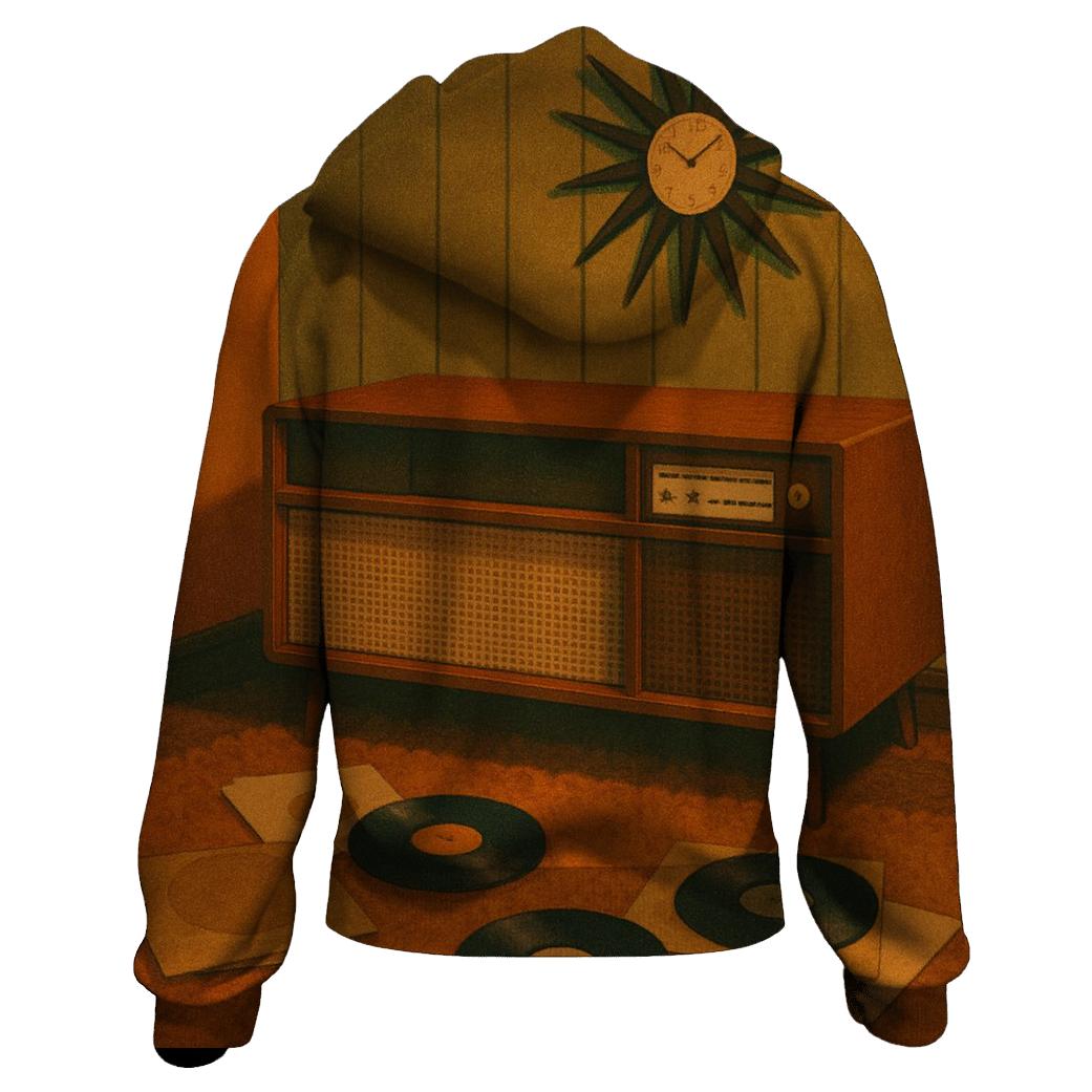 Seventies Living Room Record Listening Scene graphic hoodies