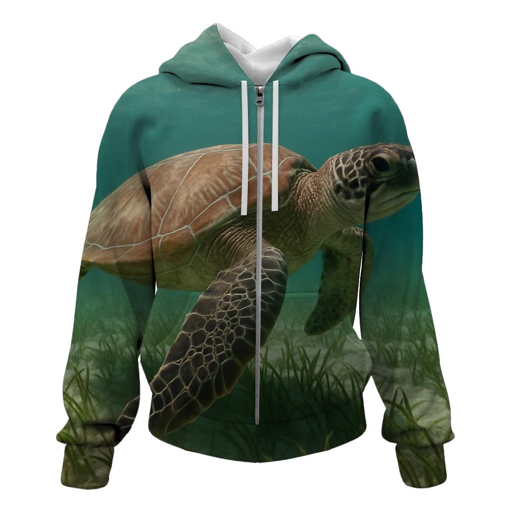 Green Sea Turtle Over Seagrass Meadow printed hoodies