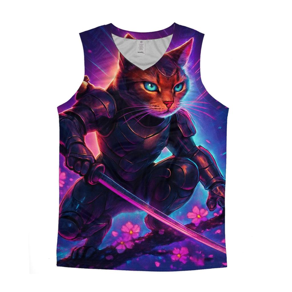 Cyber Sakura Samurai Cat cotton sleeveless tops