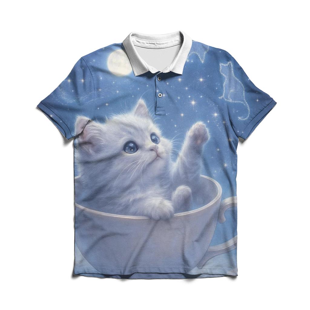 Moonlit Teacup Stargazer Cat embroidered polo tops