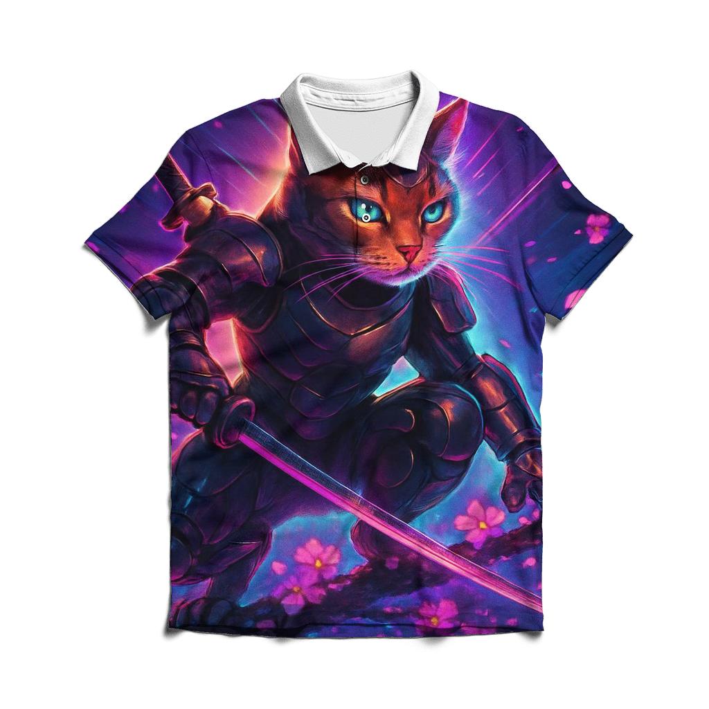 Cyber Sakura Samurai Cat embroidered polo tops
