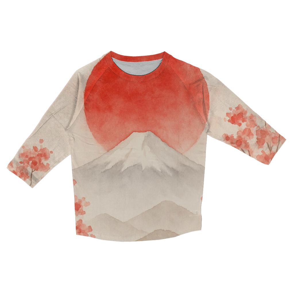 Japanese Flag Misty Mountain Watercolor printed three quarter sleeve shirts