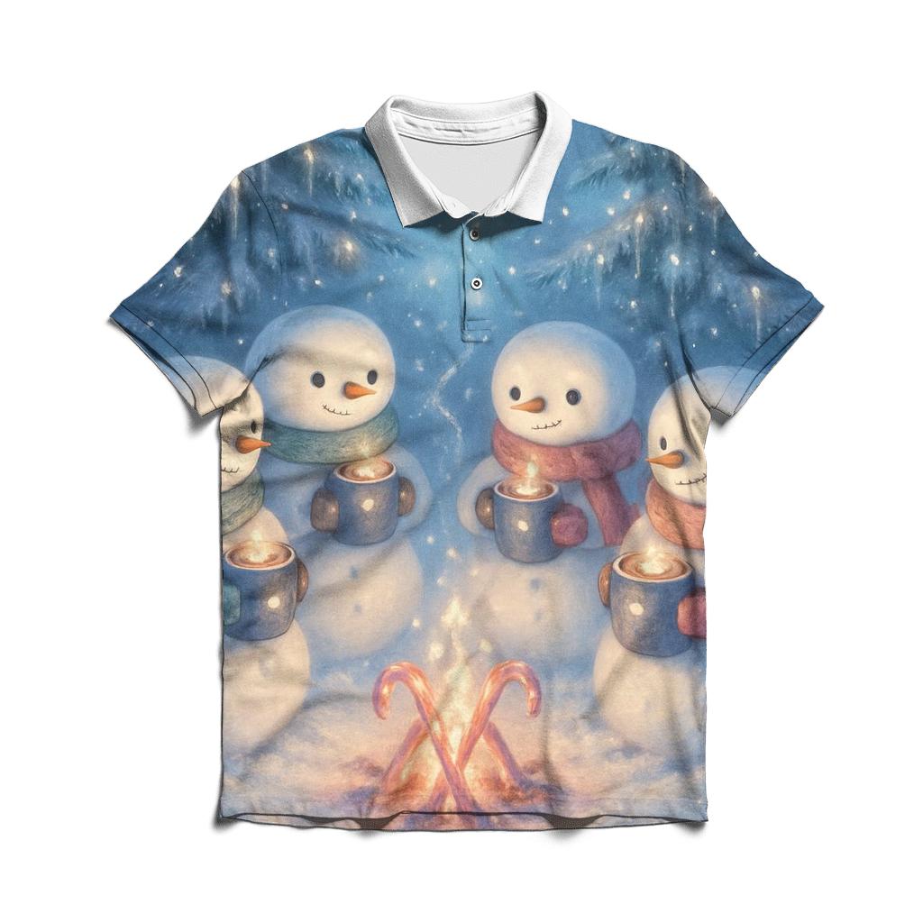 Snowman Hot Cocoa Campfire Circle premium cotton polo shirts