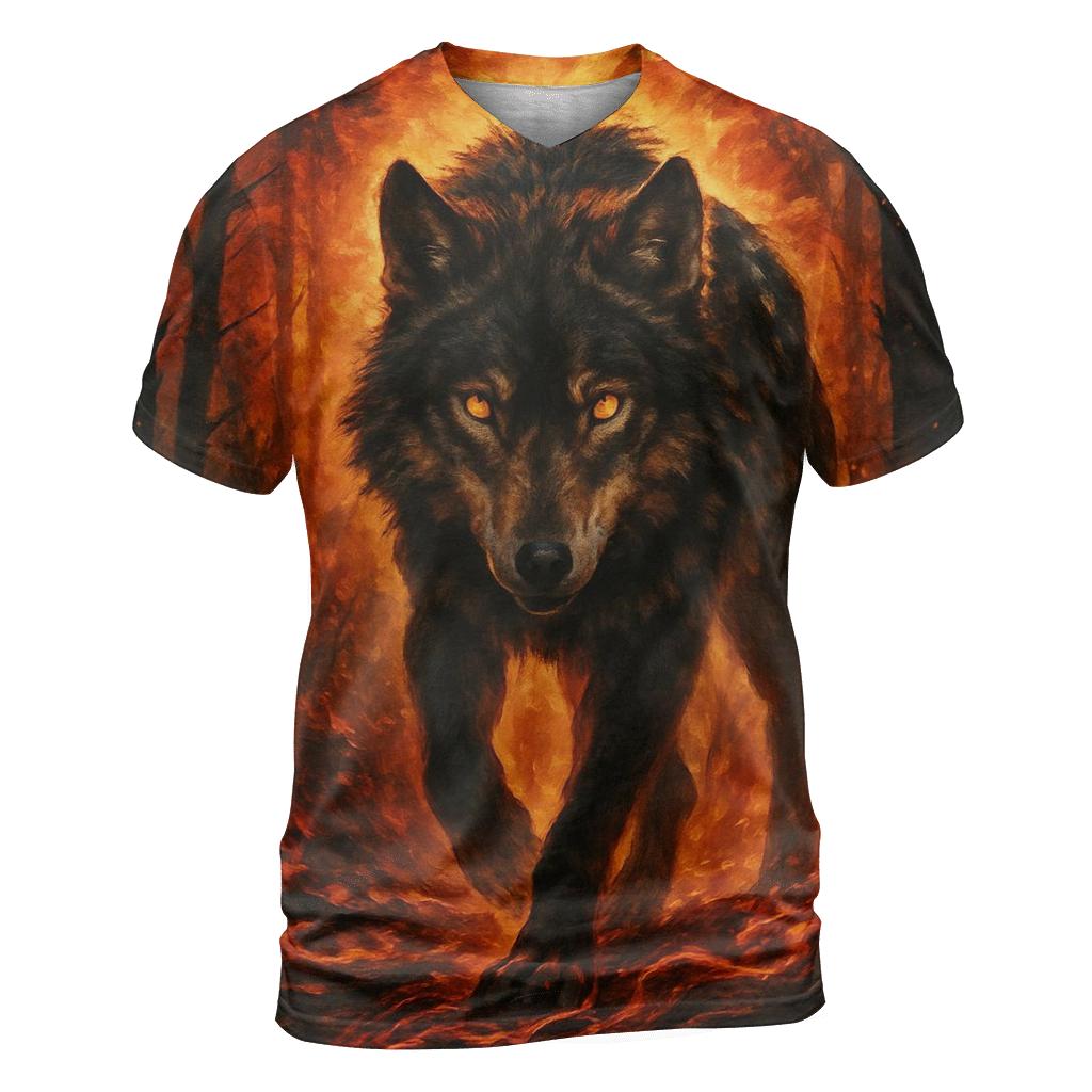 Primal Forest Ember Wolf vibrant all-over design tees