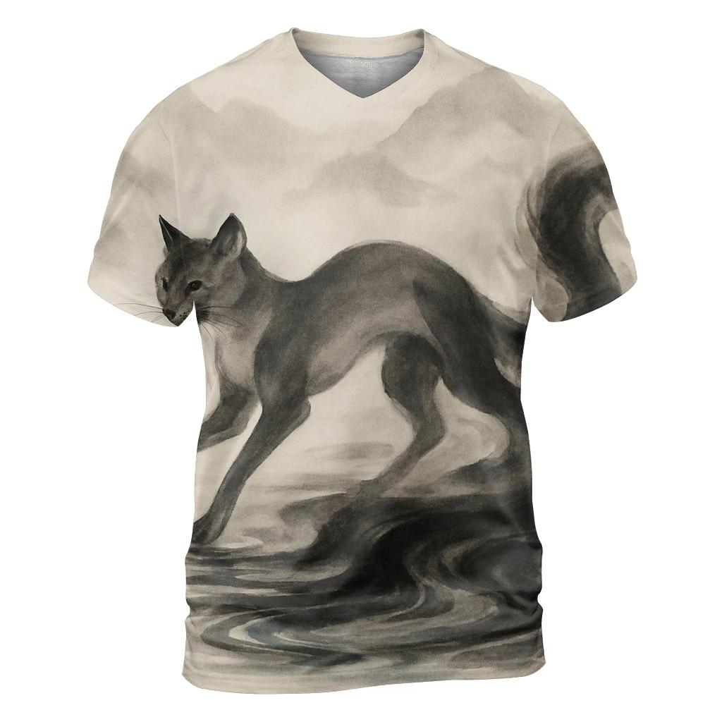 Ink Wash River Spirit Cat unique graphic print tees