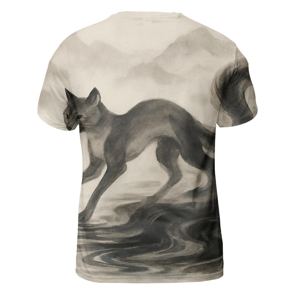 Ink Wash River Spirit Cat unique graphic print tees
