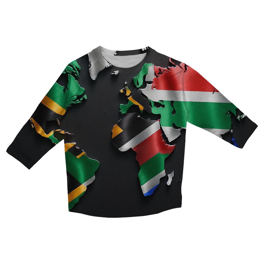 South African Flag Metallic World Map printed three quarter sleeve shirts