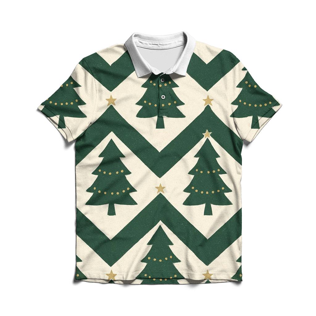 Emerald Fir Tree Chevron On Snowy Ground designer slim fit polos