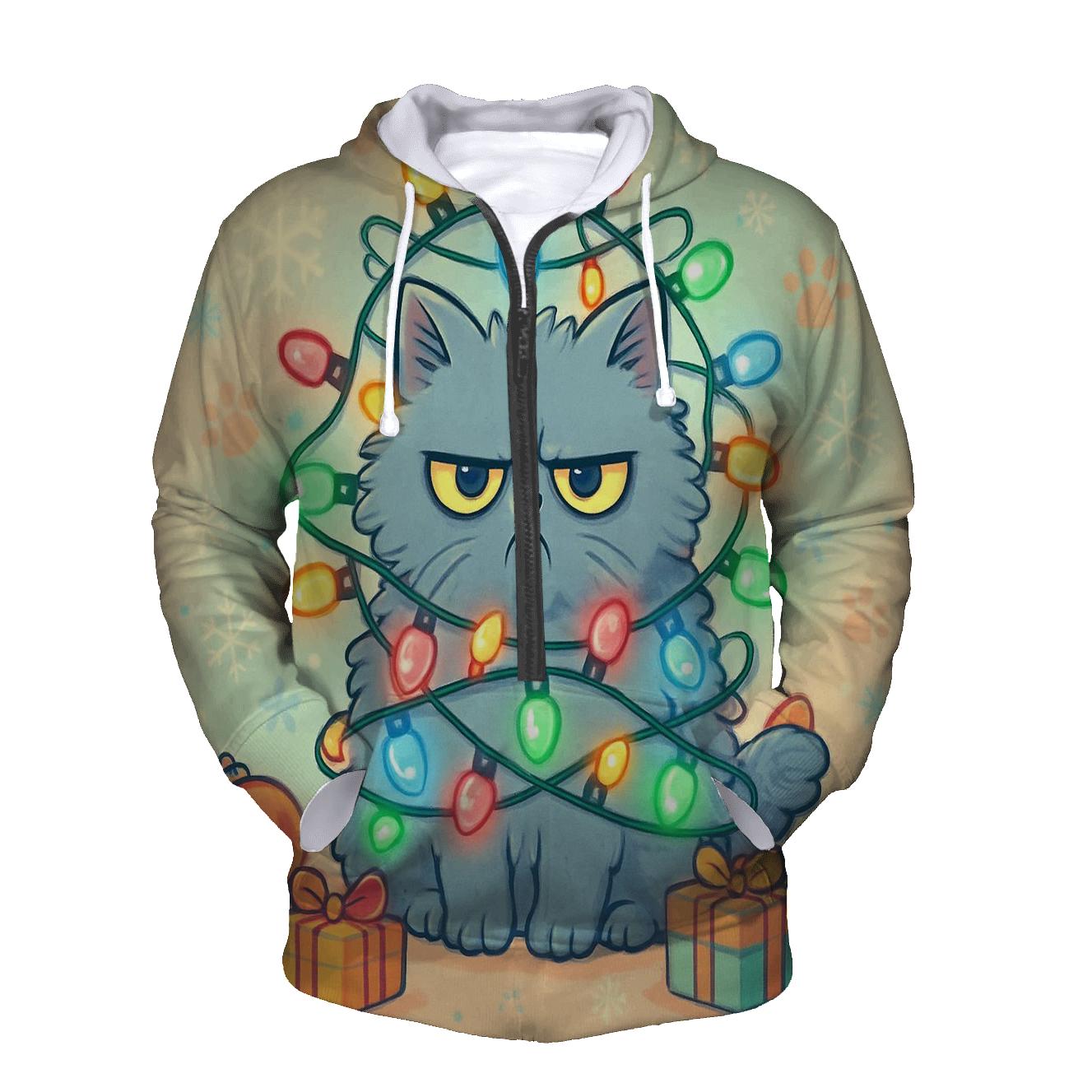 Grumpy Cat Tangled In Christmas Lights graphic hoodies