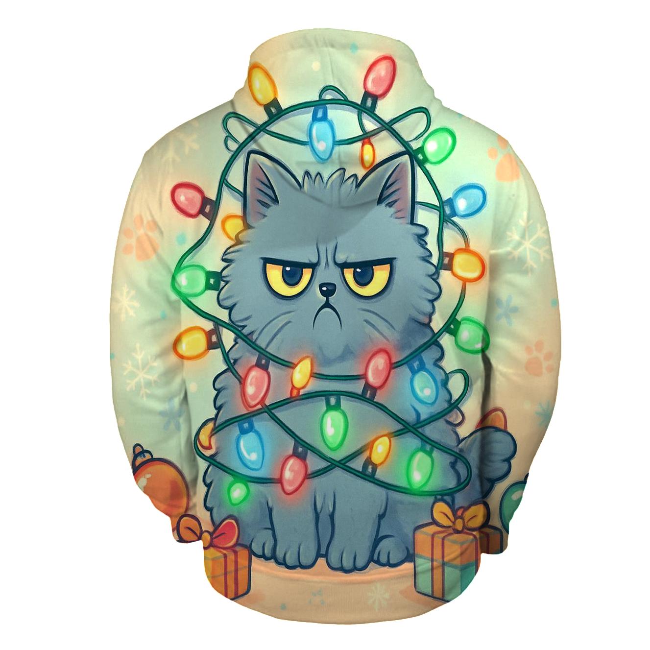 Grumpy Cat Tangled In Christmas Lights graphic hoodies