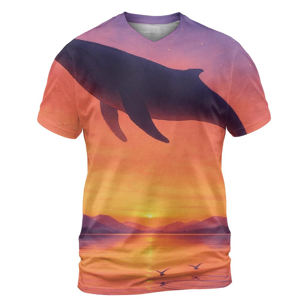 Skywhale Over Ember Lagoon vibrant all-over design tees