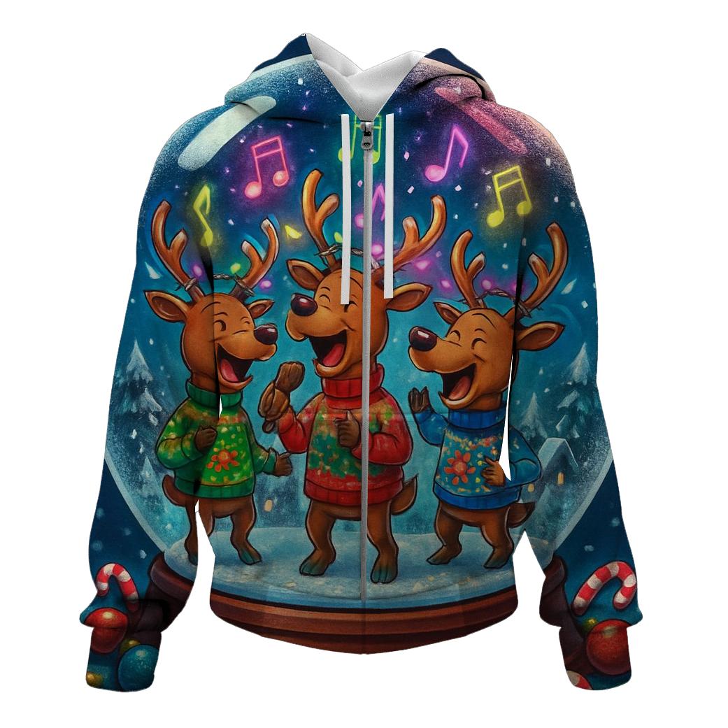Reindeer Karaoke Snow Globe zip-up hoodies