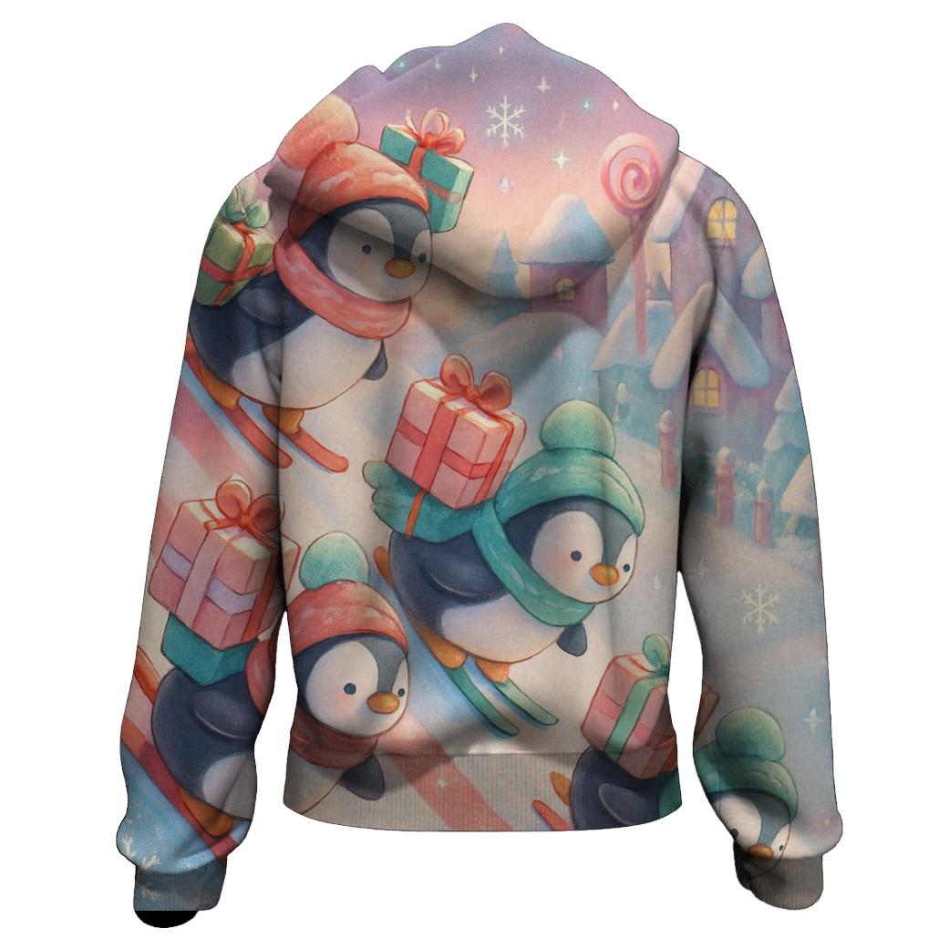 North Pole Penguin Ski Parade printed hoodies