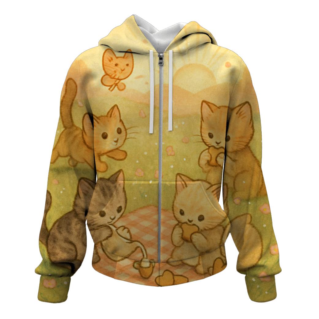 Sunrise Meadow Picnic Cats hoodie trends