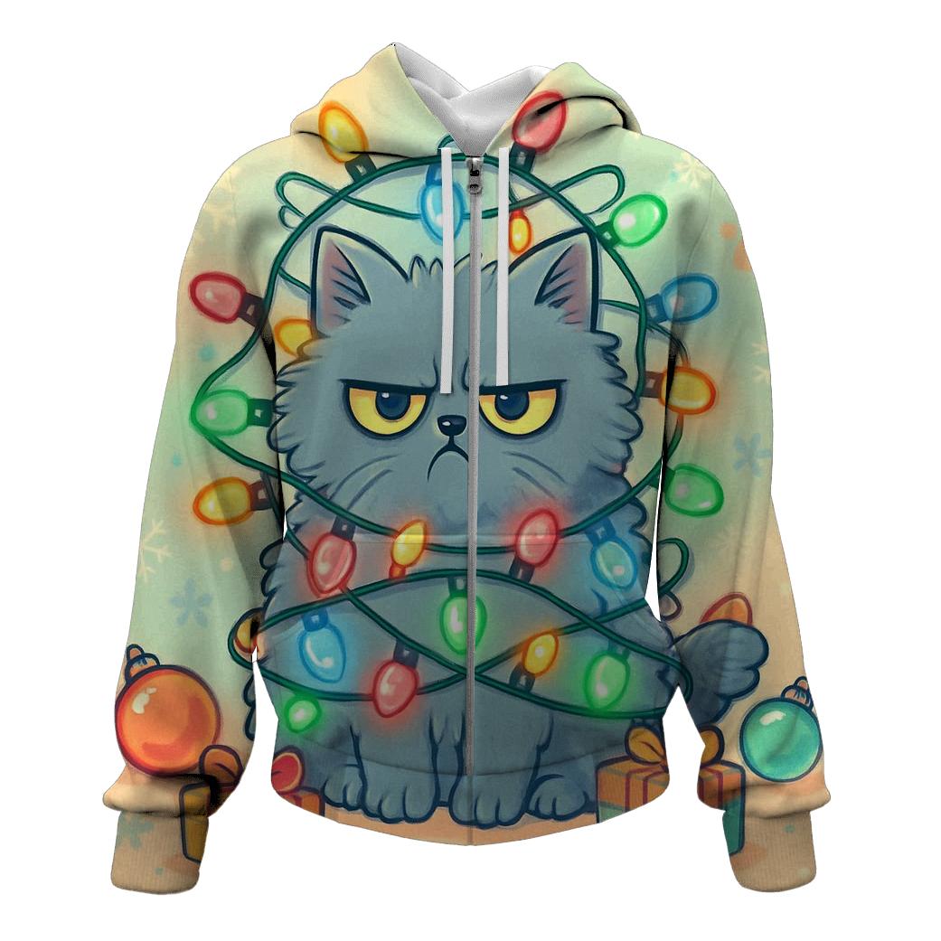 Grumpy Cat Tangled In Christmas Lights graphic hoodies