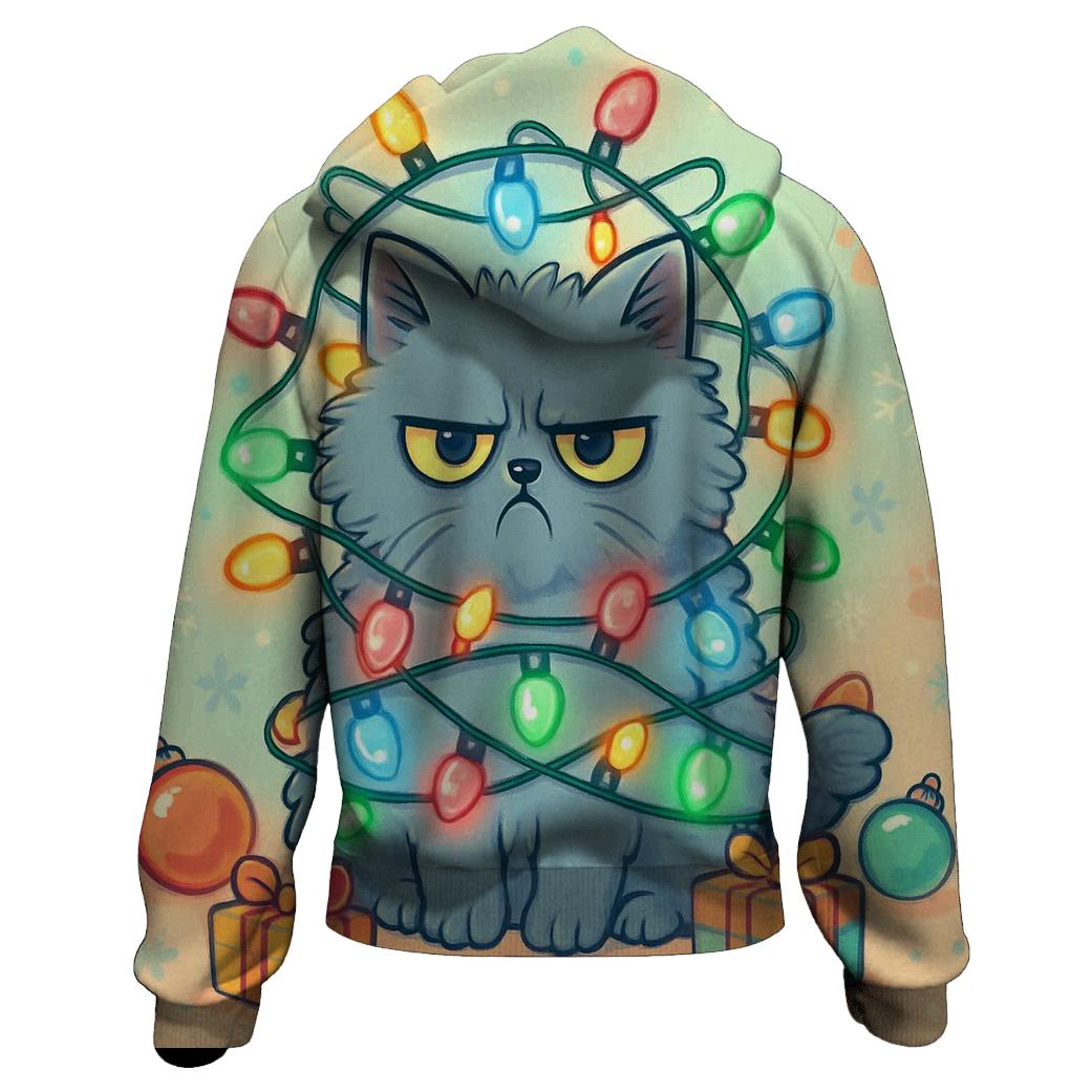 Grumpy Cat Tangled In Christmas Lights graphic hoodies