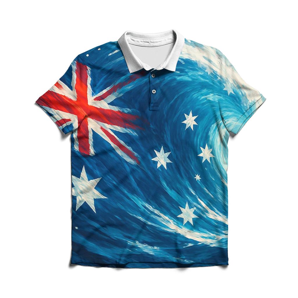 Australian Flag Ocean Wave Abstraction designer slim fit polos