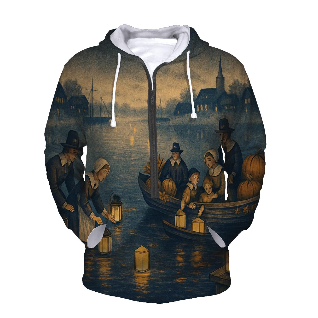 Pilgrim Lanterns Over Autumn Harbor pullover hoodies