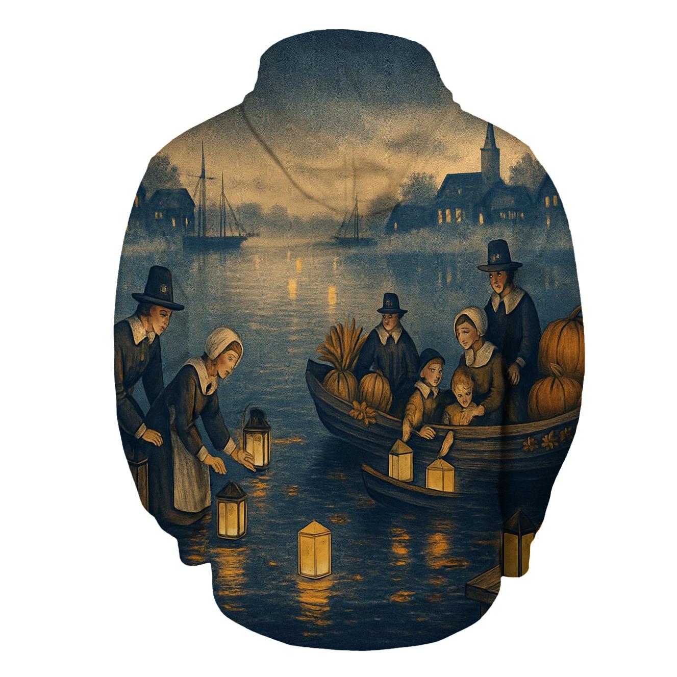Pilgrim Lanterns Over Autumn Harbor pullover hoodies