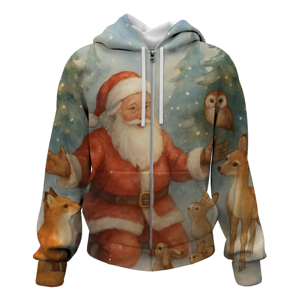 Woodland Storybook Santa Gathering printed hoodies