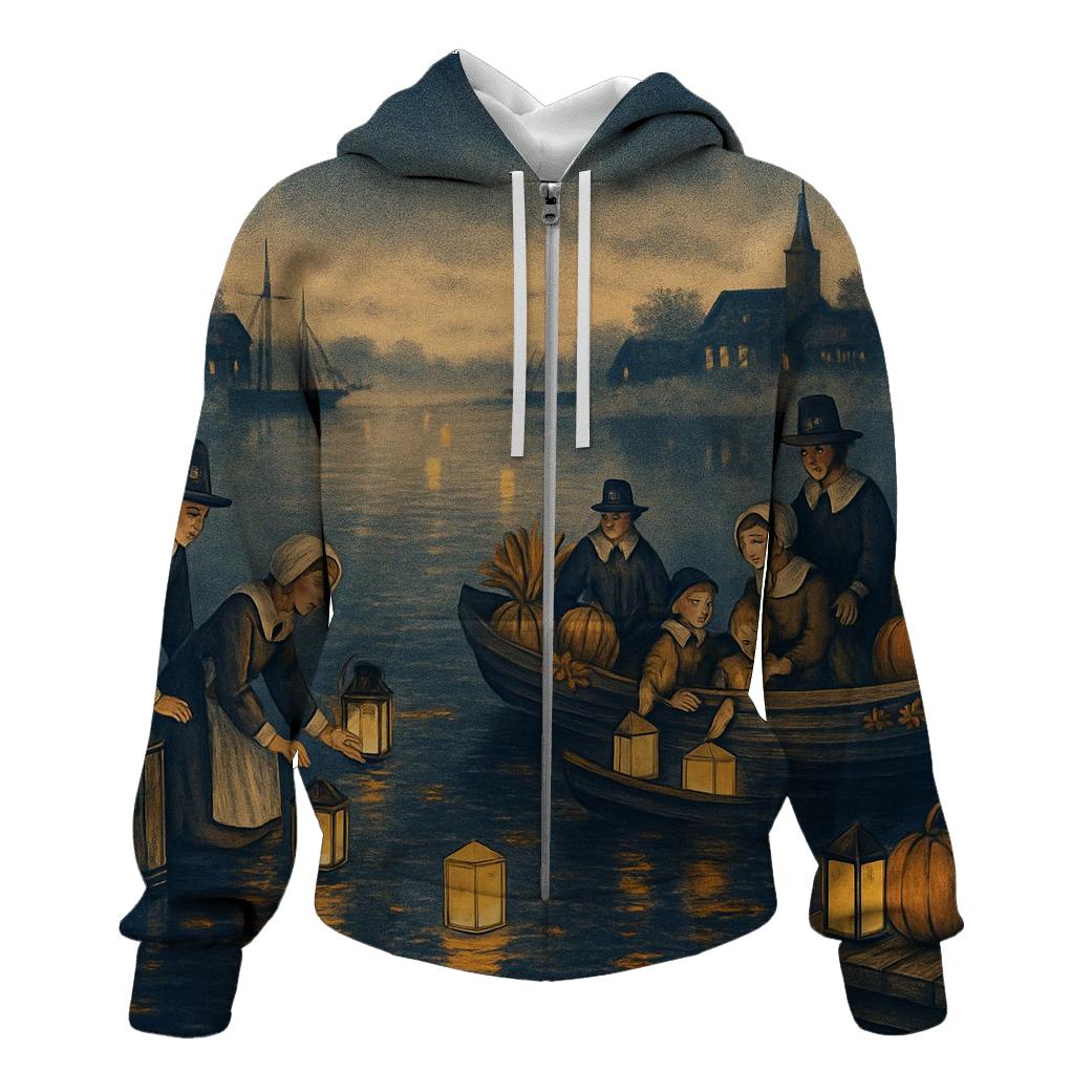 Pilgrim Lanterns Over Autumn Harbor designer hoodies
