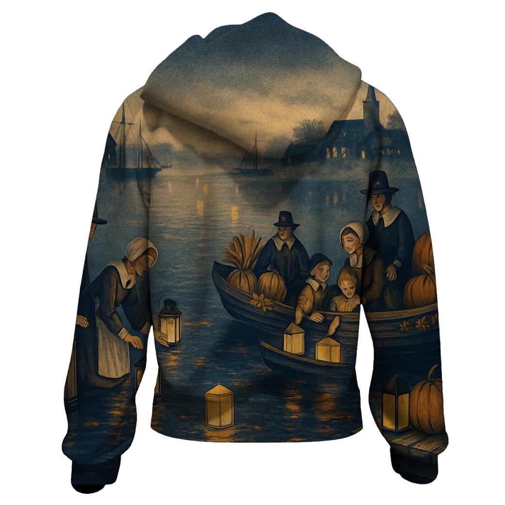Pilgrim Lanterns Over Autumn Harbor designer hoodies