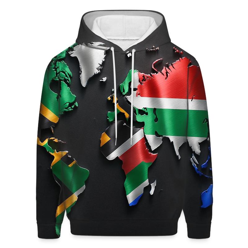 South African Flag Metallic World Map pullover hoodies